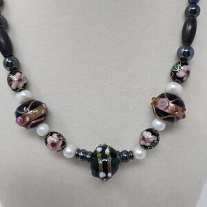 Cloisonne Murano Venetian Bead Necklace Wedding Cake Faux Pearls Vintage 17"